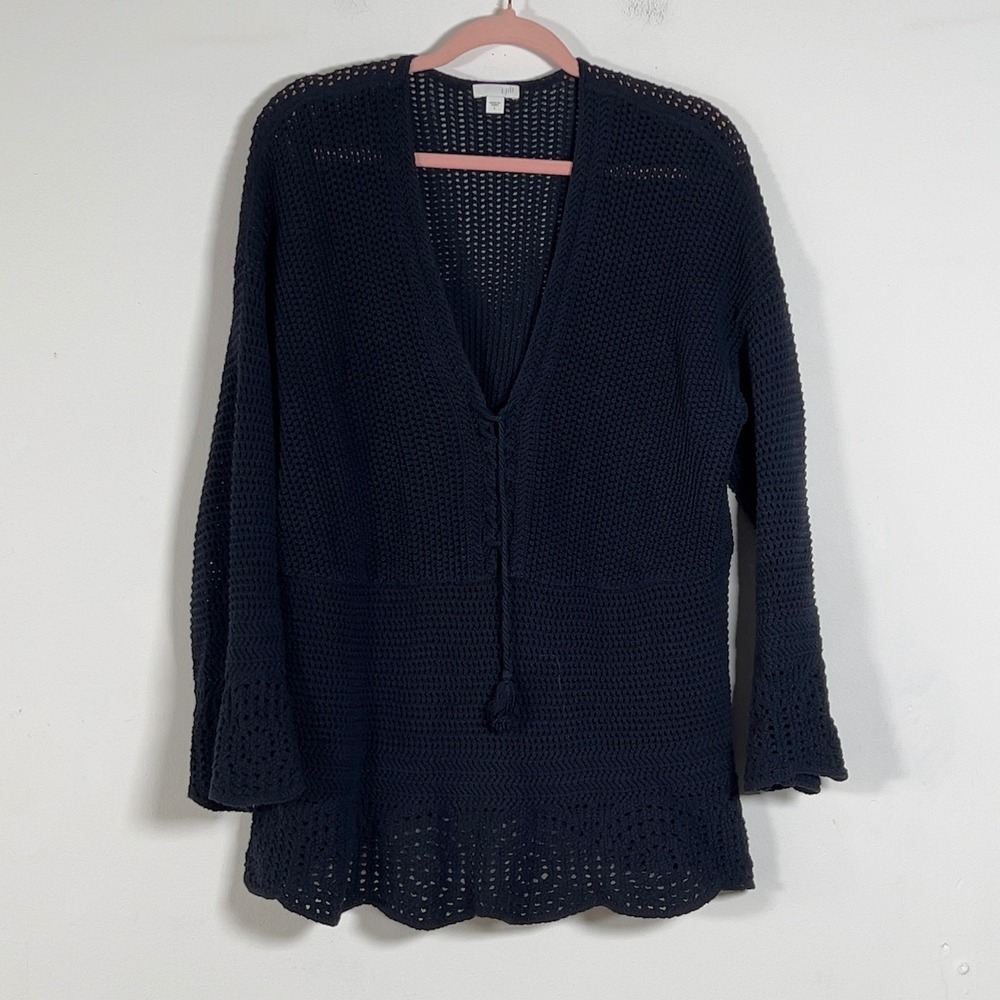 J. Jill Pullover Open Knit Sweater Women Sz L Navy Blue Crochet Tie Front